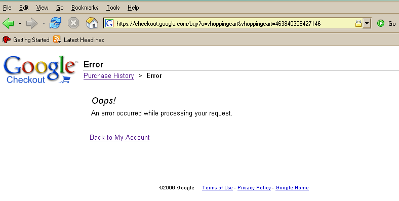 screenshot of failed google checkout